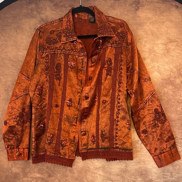 Flashback Jackets & Blazers - Autumn Embroidered Women's Jean Jacket in Copper